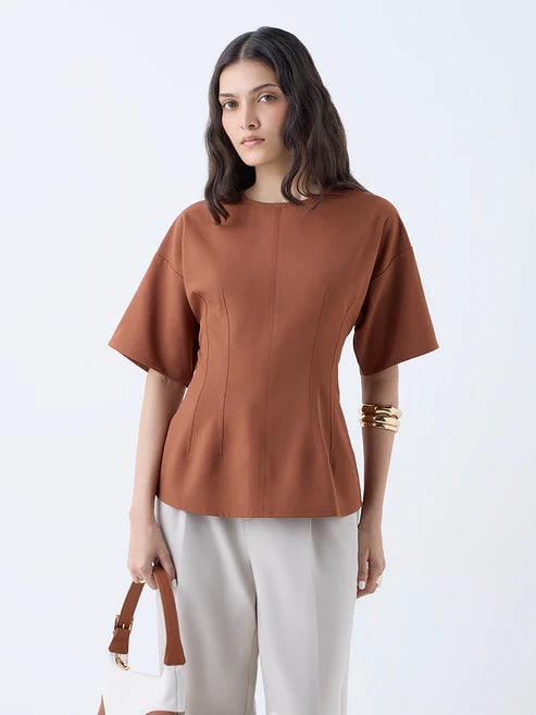 Fashionable Tan Solid Top with Relaxed Comfortable Fit