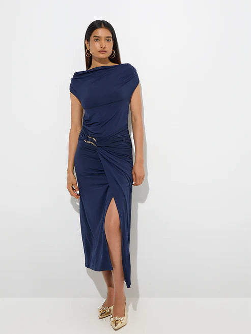 Elegant Navy Ruched Midi Dress with Flattering Silhouette, Sophisticated Detailing, and Timeless Style for Evening and Special Occasions