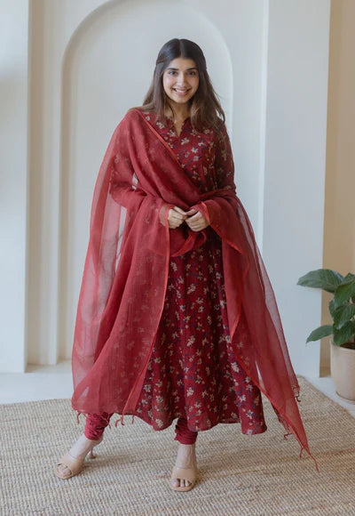 Traditional Red Ajrakh Cotton Kali Kurta Featuring Hand Embroidered Design