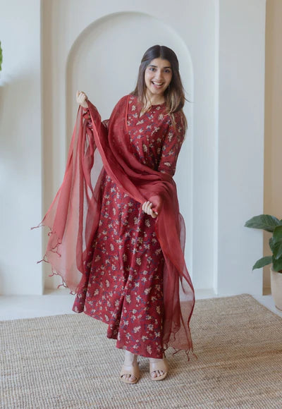 Traditional Red Ajrakh Cotton Kali Kurta Featuring Hand Embroidered Design