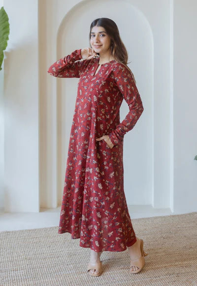 Traditional Red Ajrakh Cotton Kali Kurta Featuring Hand Embroidered Design