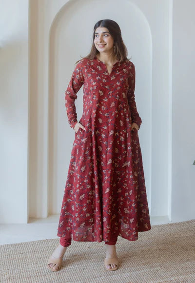Traditional Red Ajrakh Cotton Kali Kurta Featuring Hand Embroidered Design