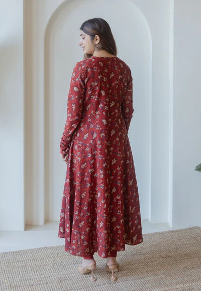 Traditional Red Ajrakh Cotton Kali Kurta Featuring Hand Embroidered Design