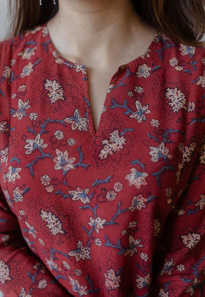 Traditional Red Ajrakh Cotton Kali Kurta Featuring Hand Embroidered Design
