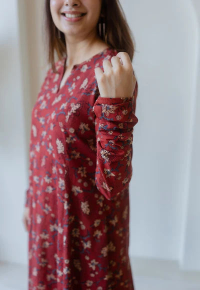 Traditional Red Ajrakh Cotton Kali Kurta Featuring Hand Embroidered Design