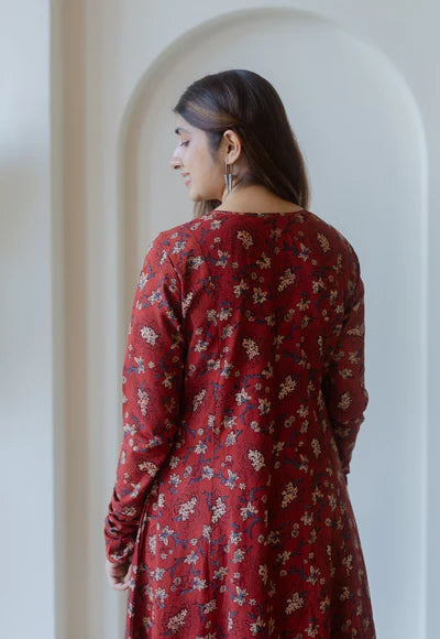 Traditional Red Ajrakh Cotton Kali Kurta Featuring Hand Embroidered Design