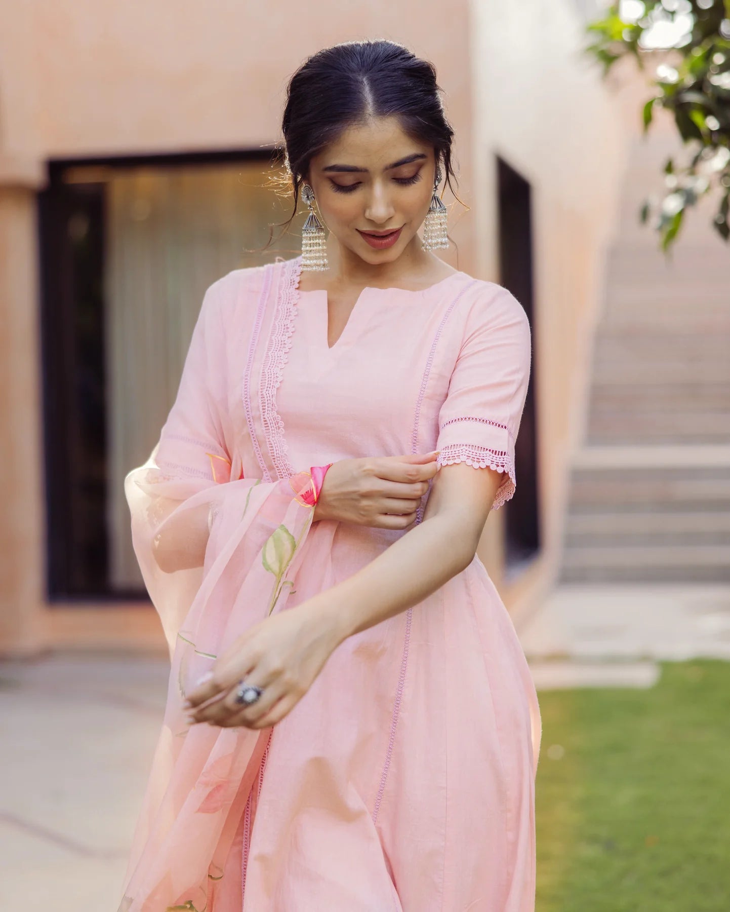 Tide Pink Cotton Kurta Set with Handpainted Design for Traditional and Everyday Style