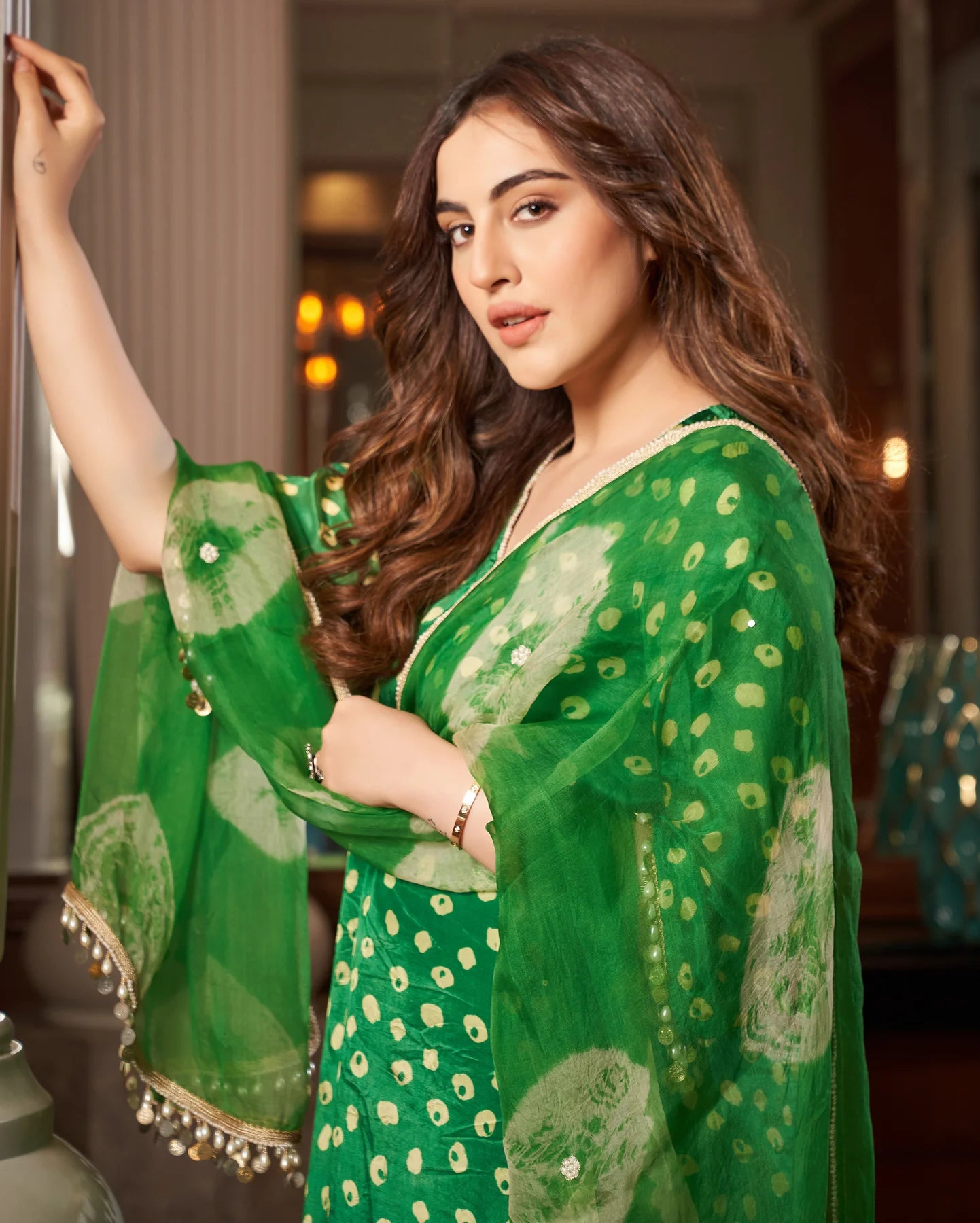 Stylish Green Bandhani Silk Three-Piece Suit Set Highlighting Exquisite Print, Classic Cut, and Flowing Dupatta for Weddings, Parties, and Cultural Celebrations
