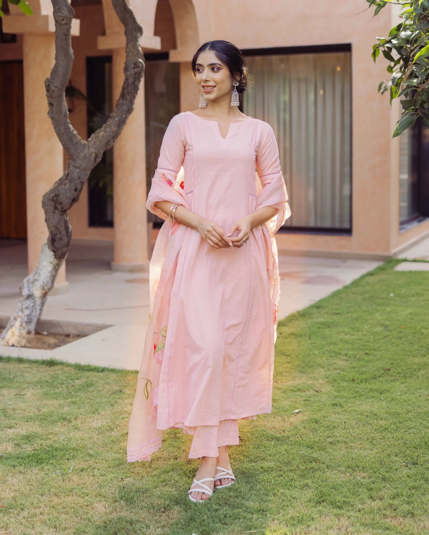 Tide Pink Cotton Kurta Set with Handpainted Design for Traditional and Everyday Style