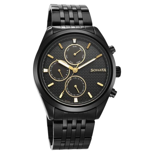 Multifunction Black Dial Men’s Watch with Black Stainless Steel Strap