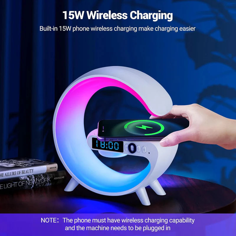 RGB G-Shaped Mood Lamp with Wireless Charger, Bluetooth Speaker, Alarm Clock, and LED Desk Lighting for Home and Office