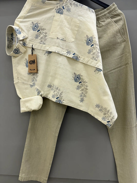 Elegant Linen Printed Shirt with Linen Pants for Men