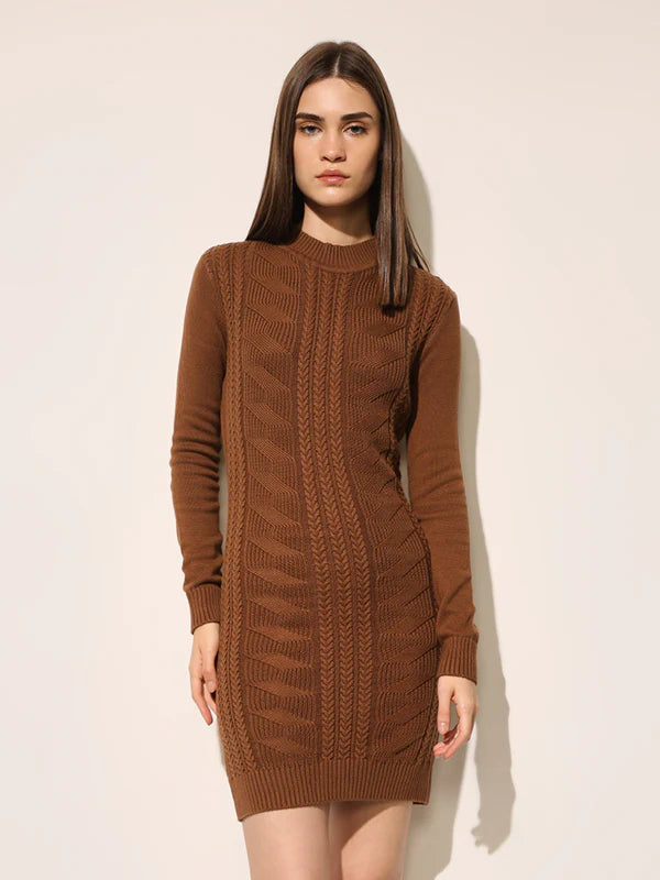 Elegant Brown Cable Knitted Bodycon Dress with Flattering Silhouette, Cozy Texture, and Modern Minimalist Style for Autumn and Winter Wardrobes