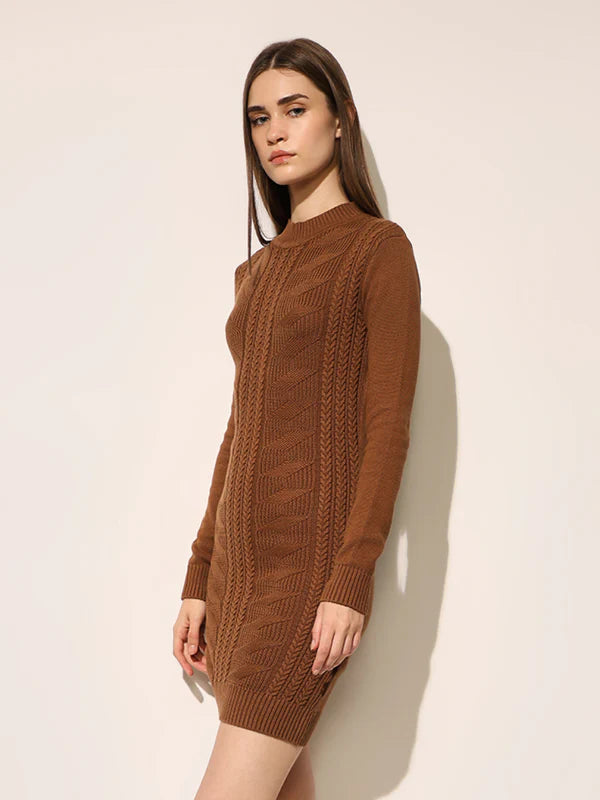 Elegant Brown Cable Knitted Bodycon Dress with Flattering Silhouette, Cozy Texture, and Modern Minimalist Style for Autumn and Winter Wardrobes
