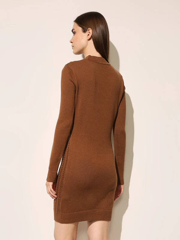 Elegant Brown Cable Knitted Bodycon Dress with Flattering Silhouette, Cozy Texture, and Modern Minimalist Style for Autumn and Winter Wardrobes