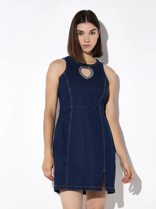 Stylish Blue Rhinestone Cut-Out Denim Dress with Glamorous Embellishments, Contemporary Detailing, and Figure-Flattering Silhouette for Party Nights