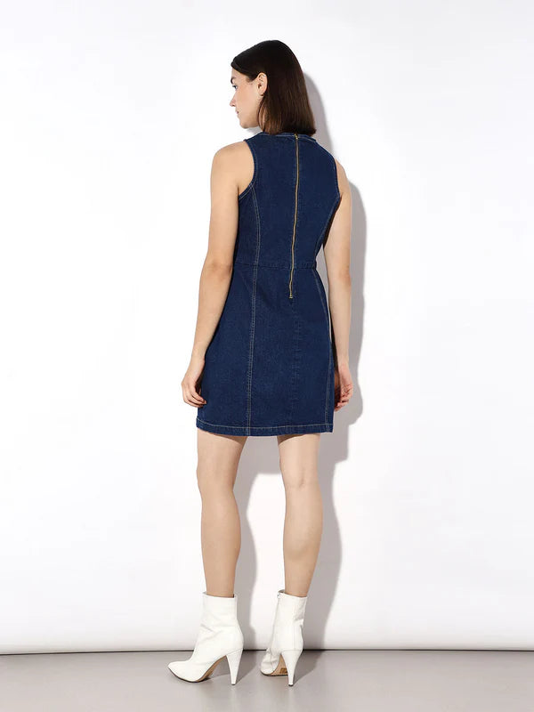 Stylish Blue Rhinestone Cut-Out Denim Dress with Glamorous Embellishments, Contemporary Detailing, and Figure-Flattering Silhouette for Party Nights