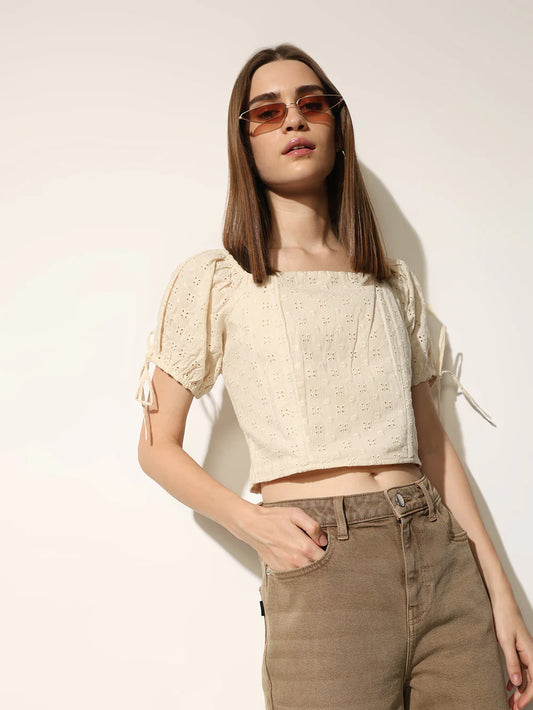 Stylish Women’s Cropped Tops in Cream with Schiffli Embroidery