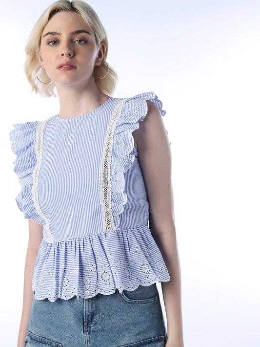 Stylish Women’s Top Featuring Lace Accents and Peplum Silhouette