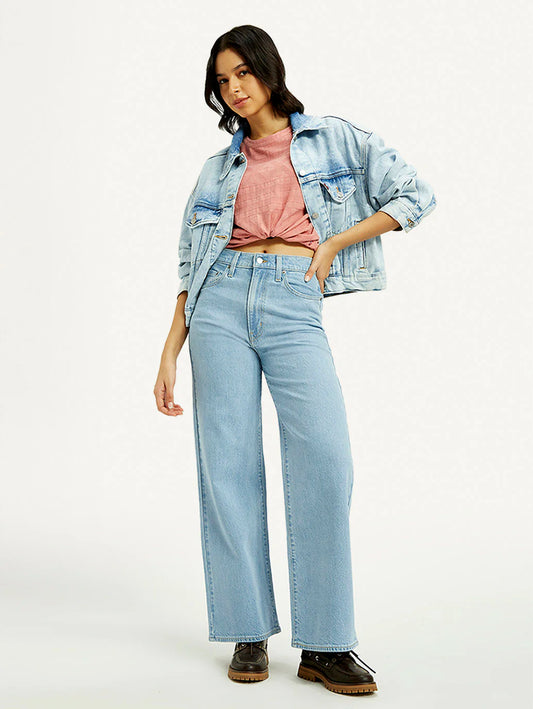 Light Indigo Wide Leg Jeans for Women with High-Rise Design, Ribcage Fit, Soft Stretchable Denim, and Chic Everyday Casual Wear