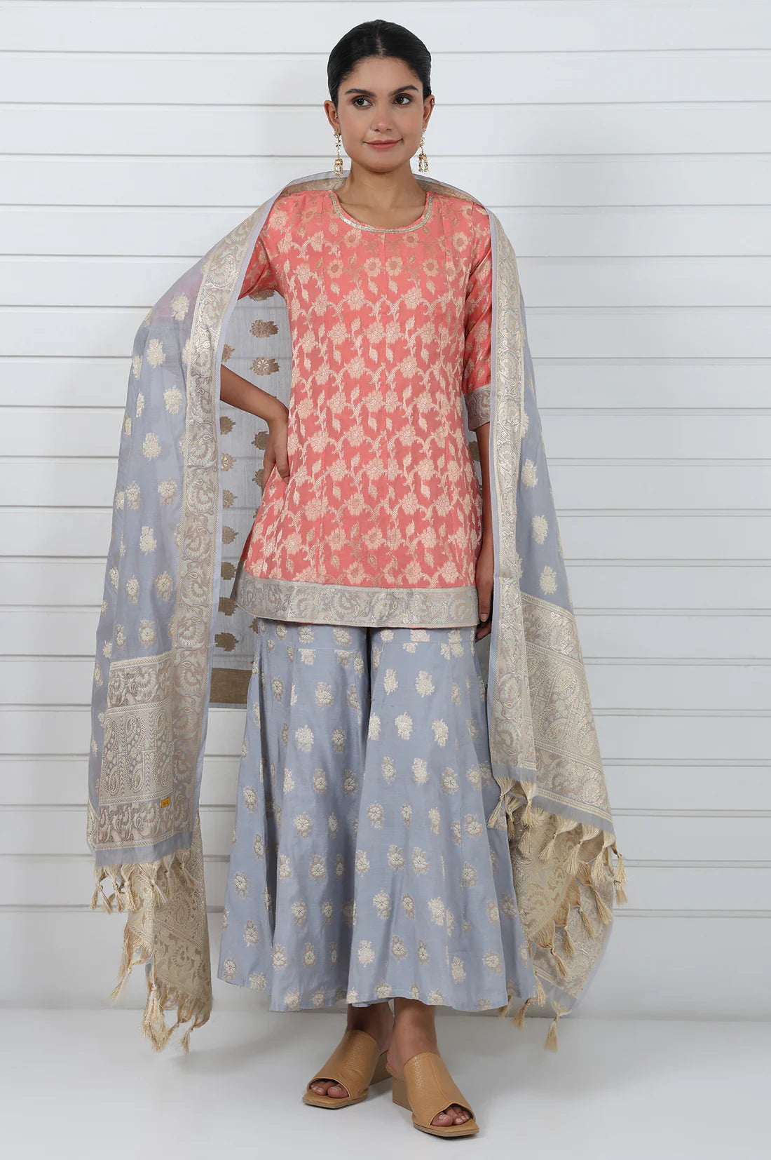 Rose Abstract Lace Jacquard Printed A-Line Kurta with Flared Sharara and Graceful Dupatta for Elegant Ethnic and Festive Wear