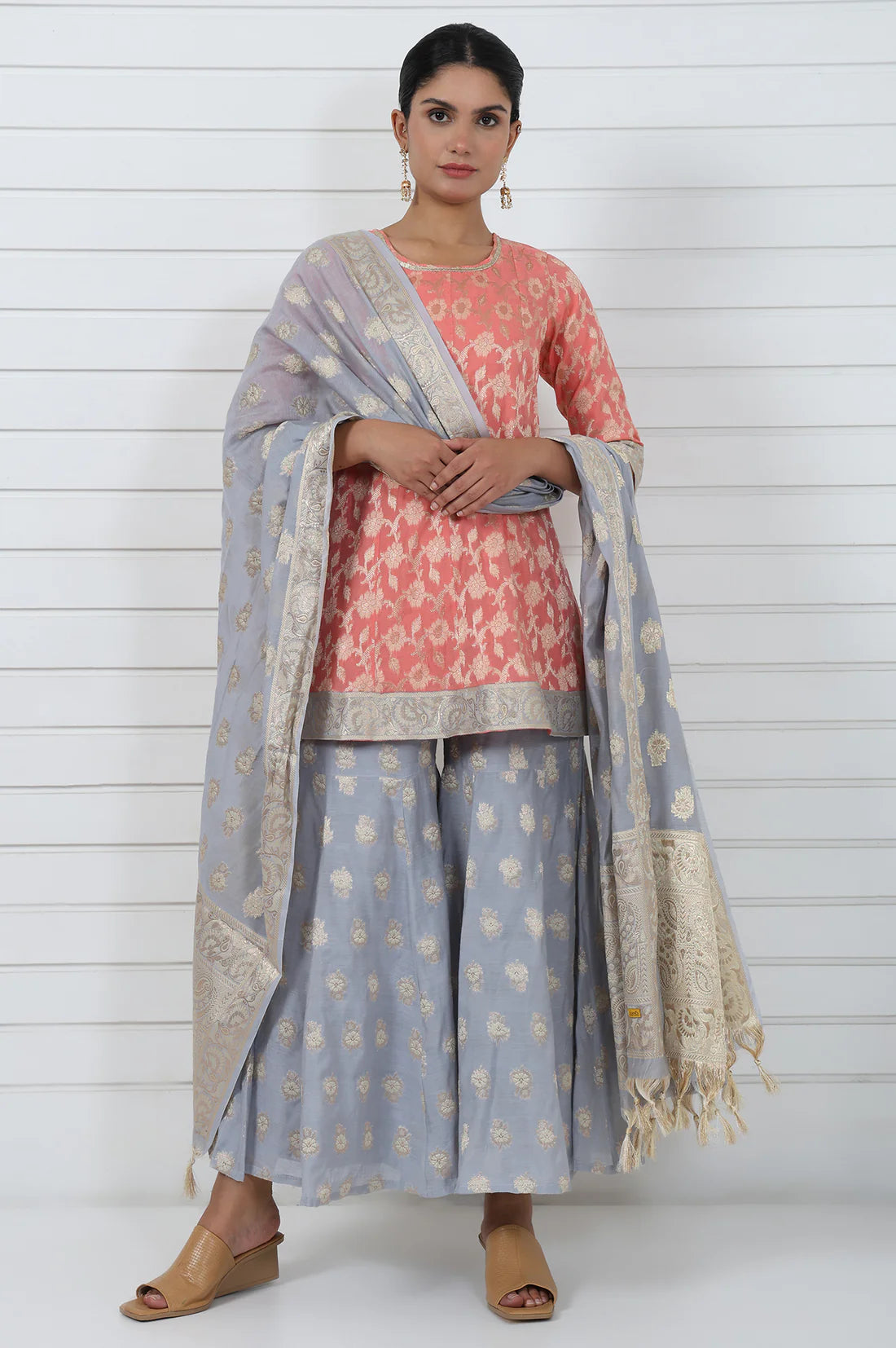 Rose Abstract Lace Jacquard Printed A-Line Kurta with Flared Sharara and Graceful Dupatta for Elegant Ethnic and Festive Wear