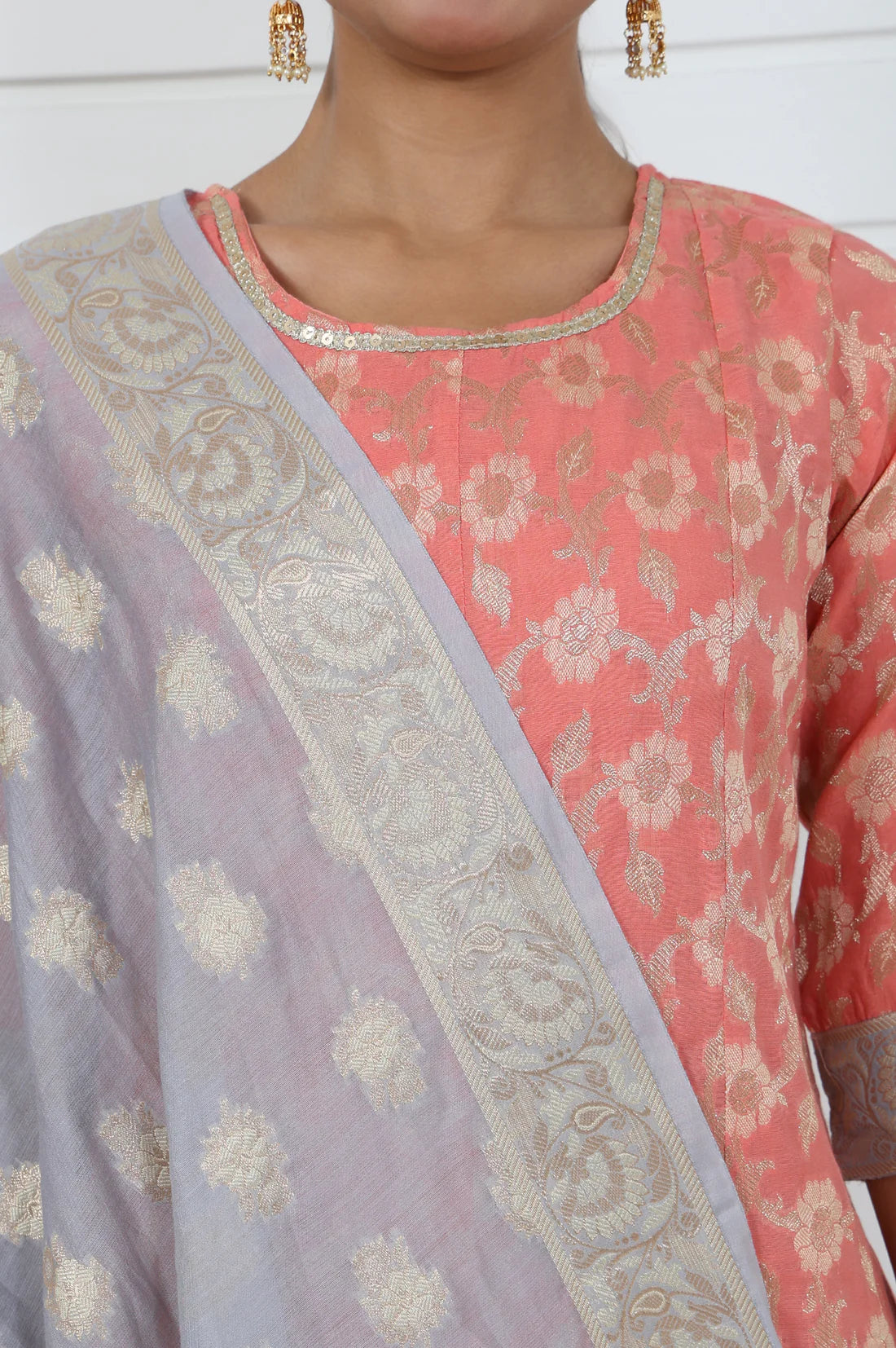 Rose Abstract Lace Jacquard Printed A-Line Kurta with Flared Sharara and Graceful Dupatta for Elegant Ethnic and Festive Wear