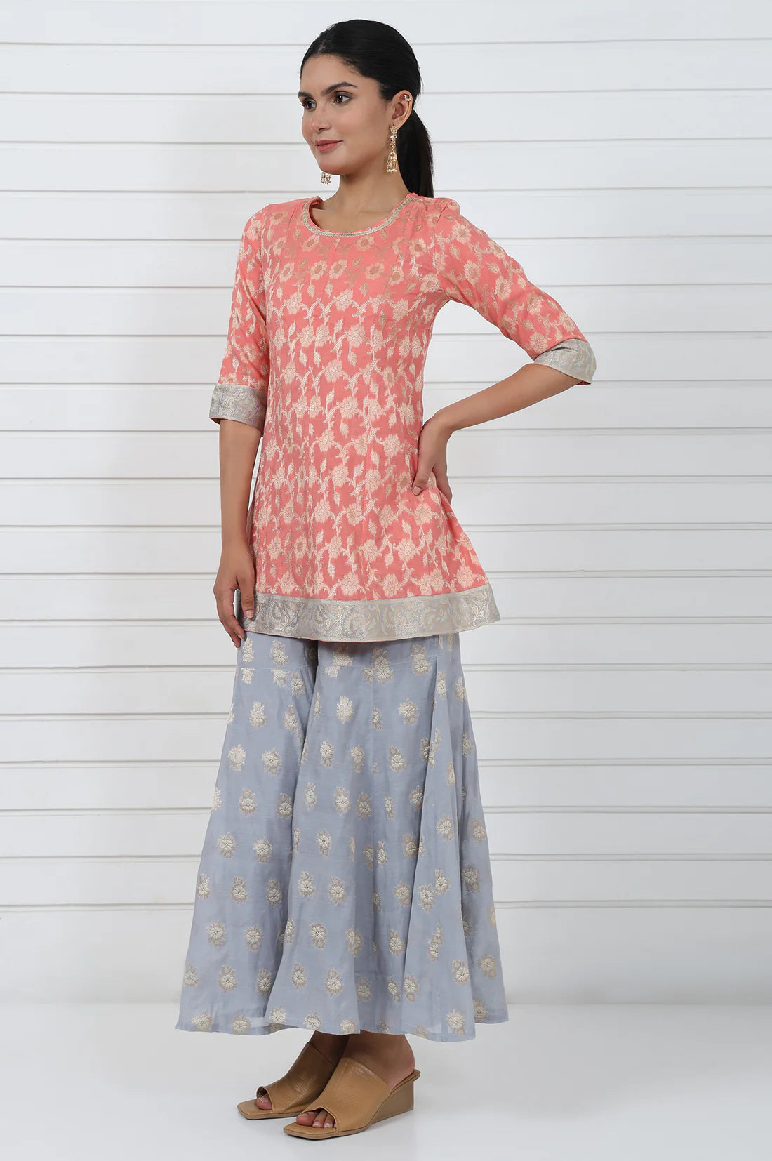 Rose Abstract Lace Jacquard Printed A-Line Kurta with Flared Sharara and Graceful Dupatta for Elegant Ethnic and Festive Wear