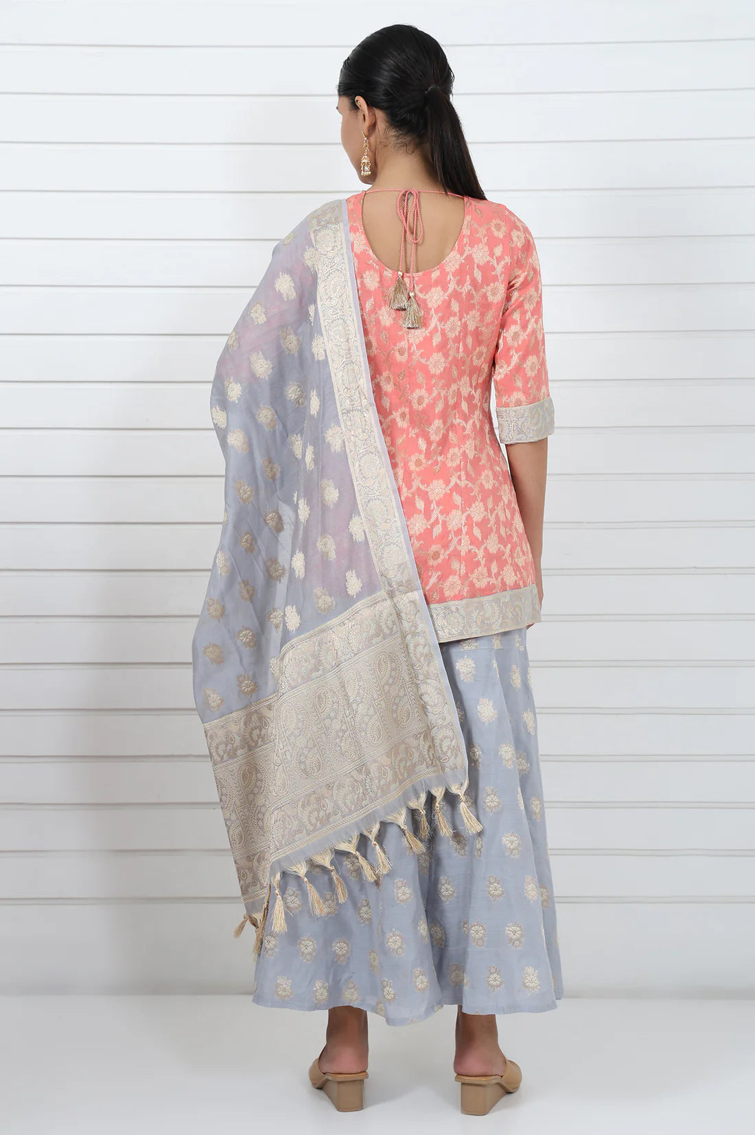 Rose Abstract Lace Jacquard Printed A-Line Kurta with Flared Sharara and Graceful Dupatta for Elegant Ethnic and Festive Wear