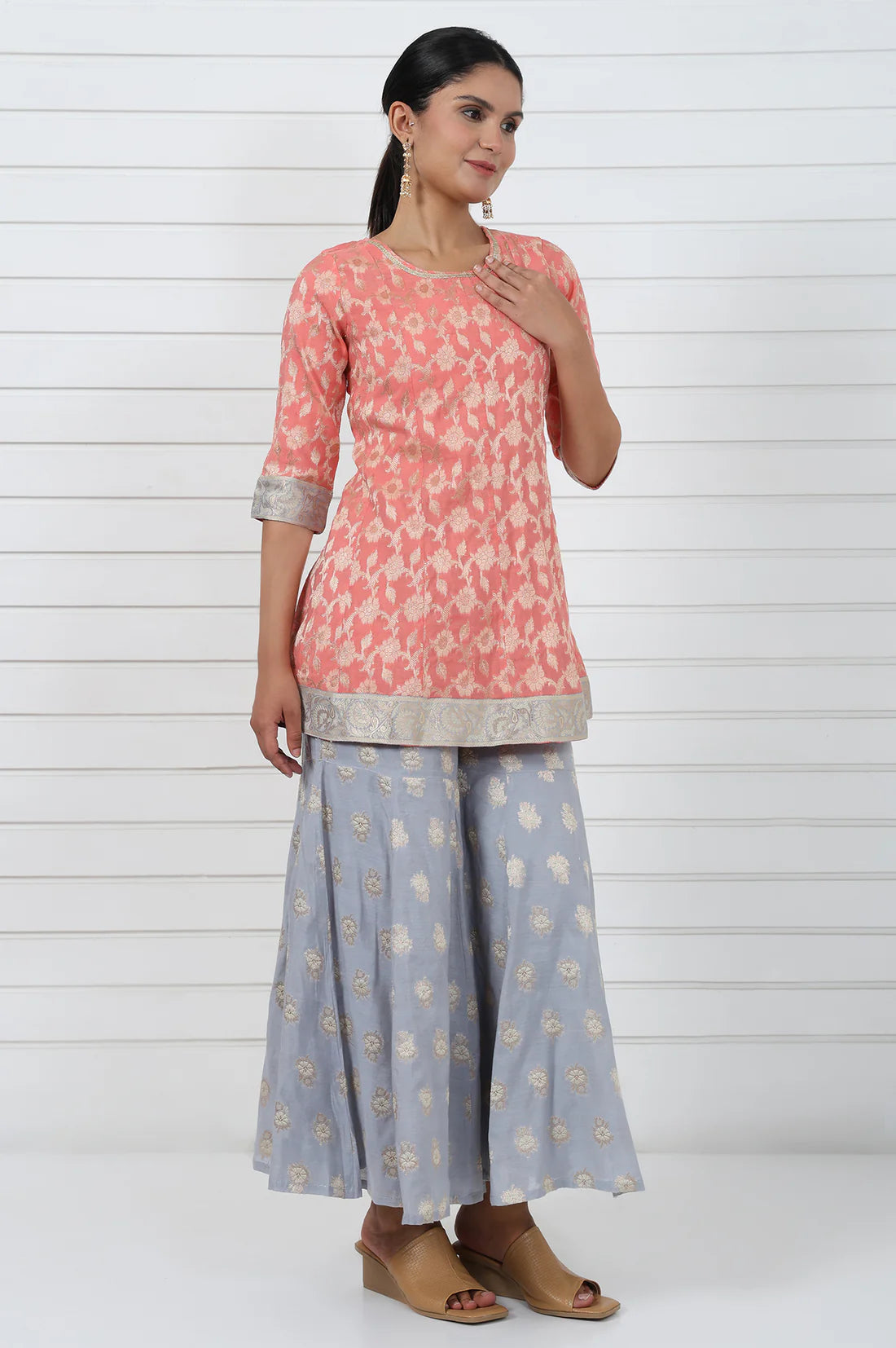 Rose Abstract Lace Jacquard Printed A-Line Kurta with Flared Sharara and Graceful Dupatta for Elegant Ethnic and Festive Wear