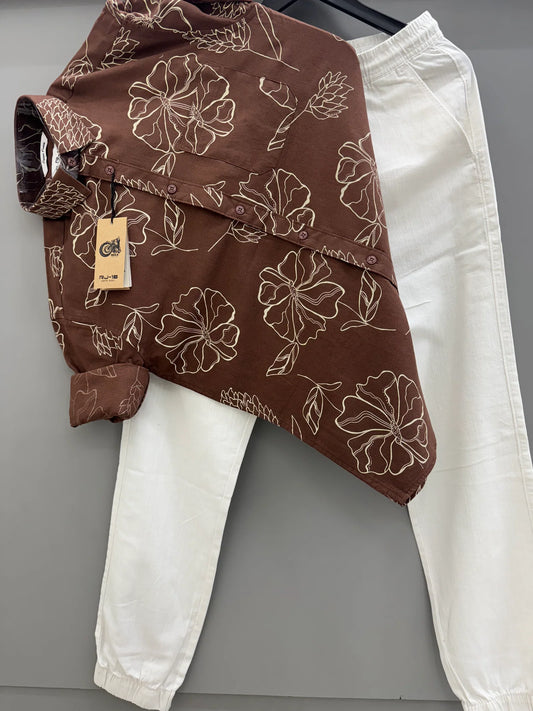 Linen Printed Casual Shirt with Matching Linen Trousers for Men