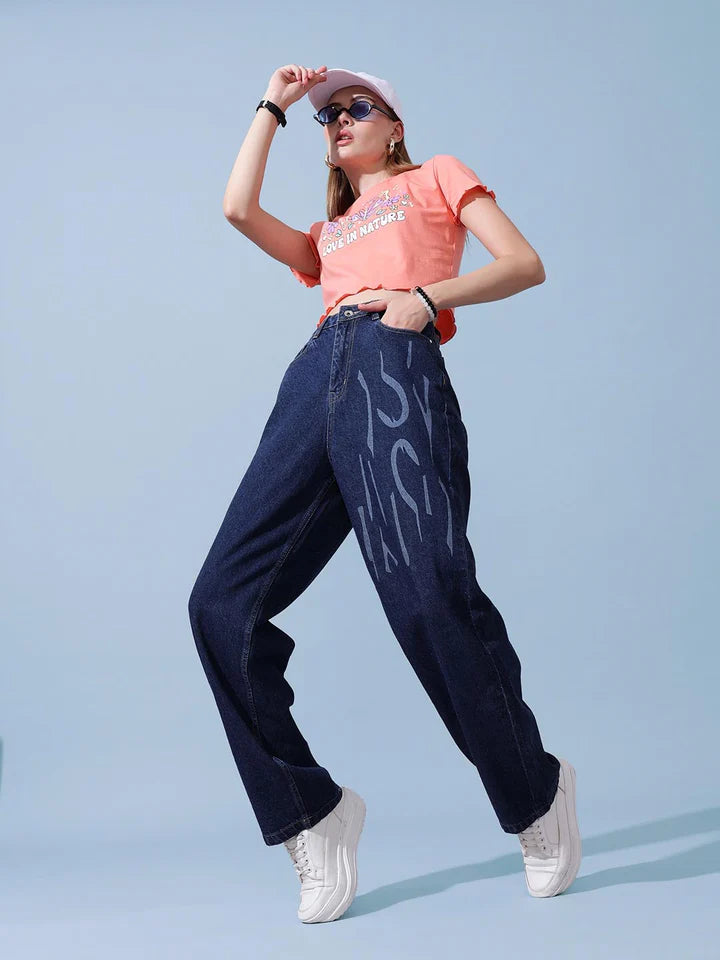 Casual Women’s Denim Jeans with All-Over Laser Print, Offering Stylish Urban Look, Comfortable Fit, and Versatile Outfit Pairing Options