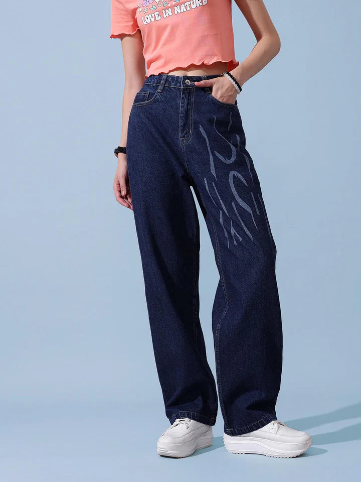 Casual Women’s Denim Jeans with All-Over Laser Print, Offering Stylish Urban Look, Comfortable Fit, and Versatile Outfit Pairing Options