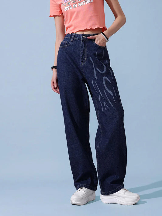Casual Women’s Denim Jeans with All-Over Laser Print, Offering Stylish Urban Look, Comfortable Fit, and Versatile Outfit Pairing Options