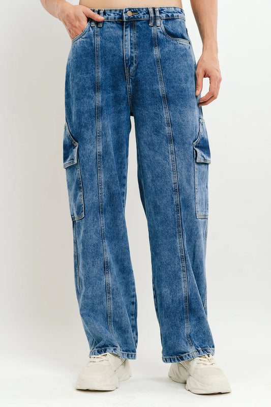 Men’s Blue Flap Pocket Straight Cargo Jeans