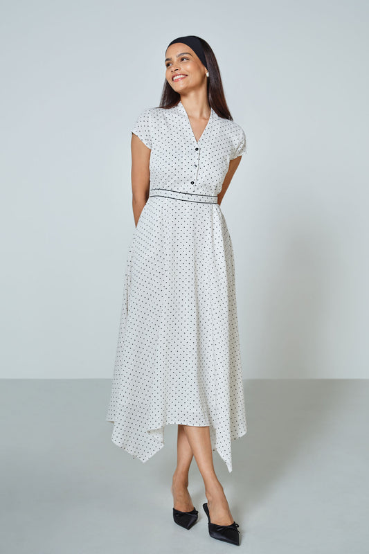 Graceful Polka Asymmetrical Dress with Youthful Vibe, Contemporary Design, and Elegant Finish for Brunches, Celebrations, and Gatherings