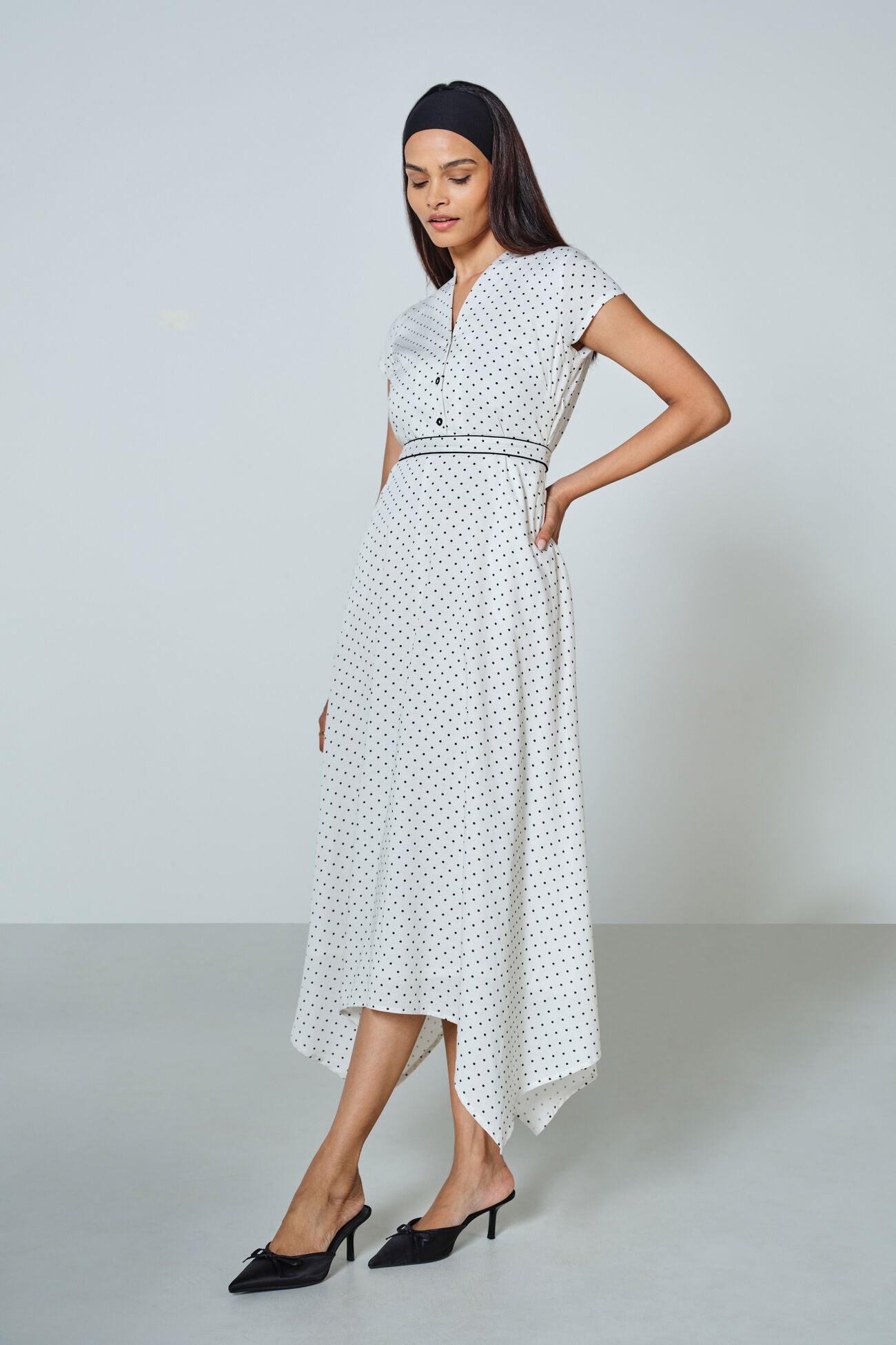 Graceful Polka Asymmetrical Dress with Youthful Vibe, Contemporary Design, and Elegant Finish for Brunches, Celebrations, and Gatherings