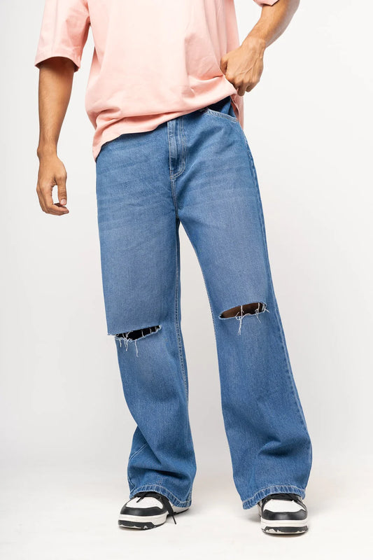 Blue Knee Slit Straight Baggy Fit Jeans for Men