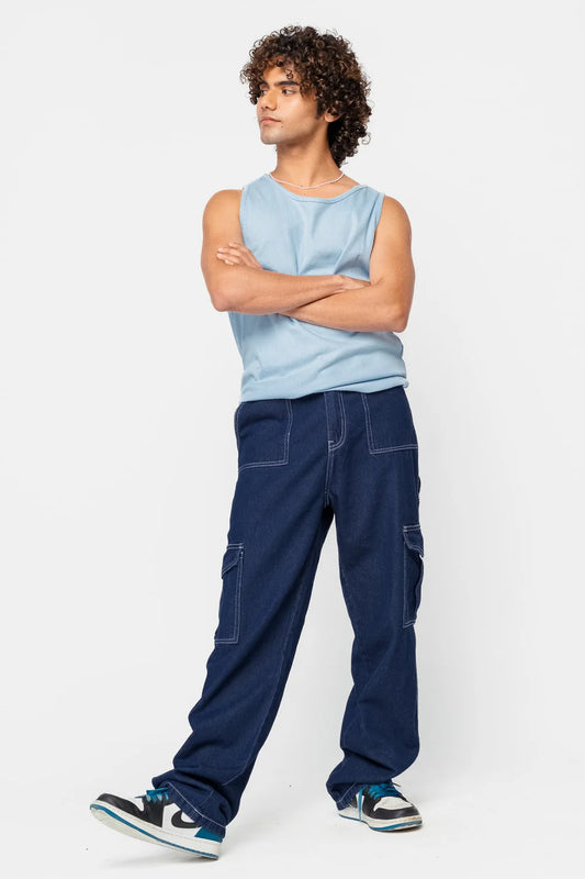 Mid Blue Elastic Waist Straight Cargo Jeans for Men