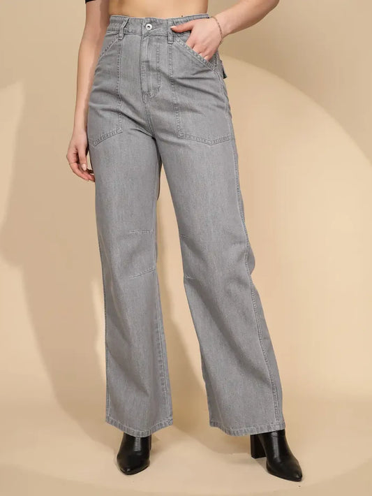 Comfortable Grey Cotton Straight Loose Fit Jeans for Women Featuring Relaxed Silhouette, Soft Durable Material, and Everyday Casual Wear Potential
