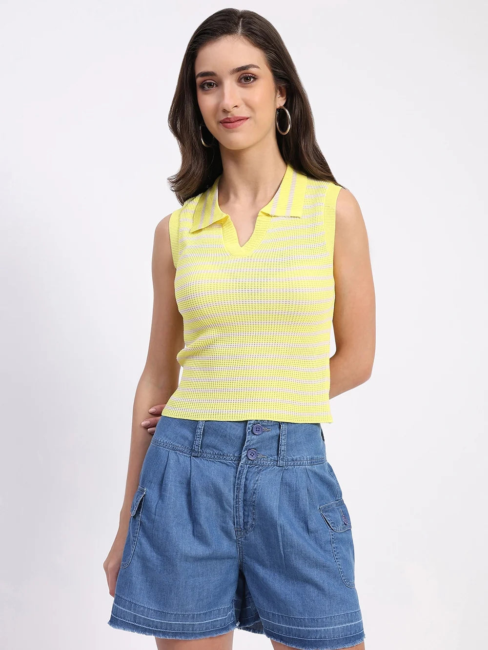 Modern Yellow Viscose Crop Top with Trendy Stripe Detailing
