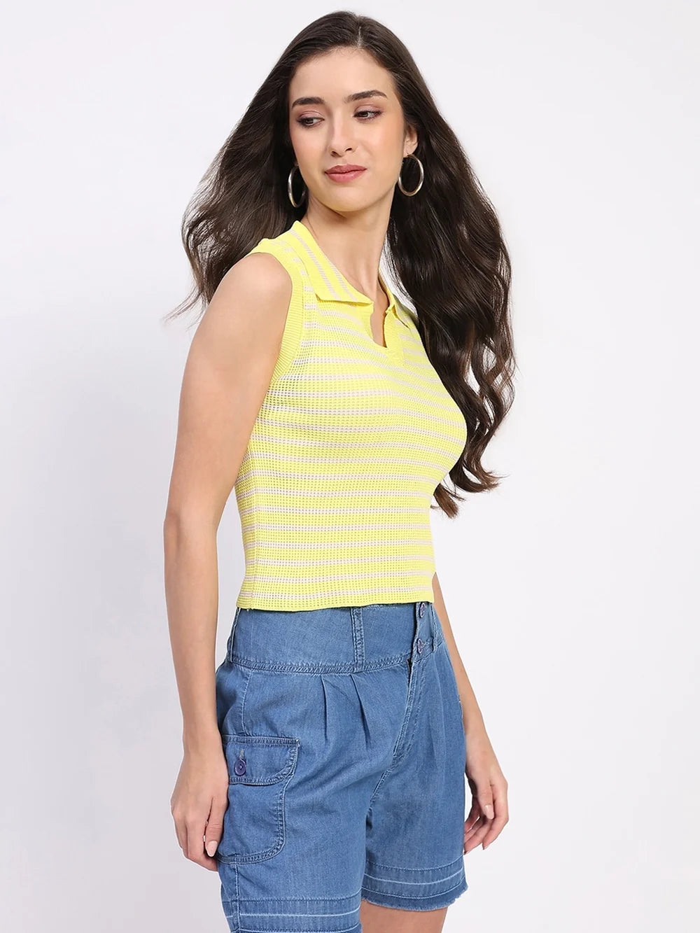 Modern Yellow Viscose Crop Top with Trendy Stripe Detailing