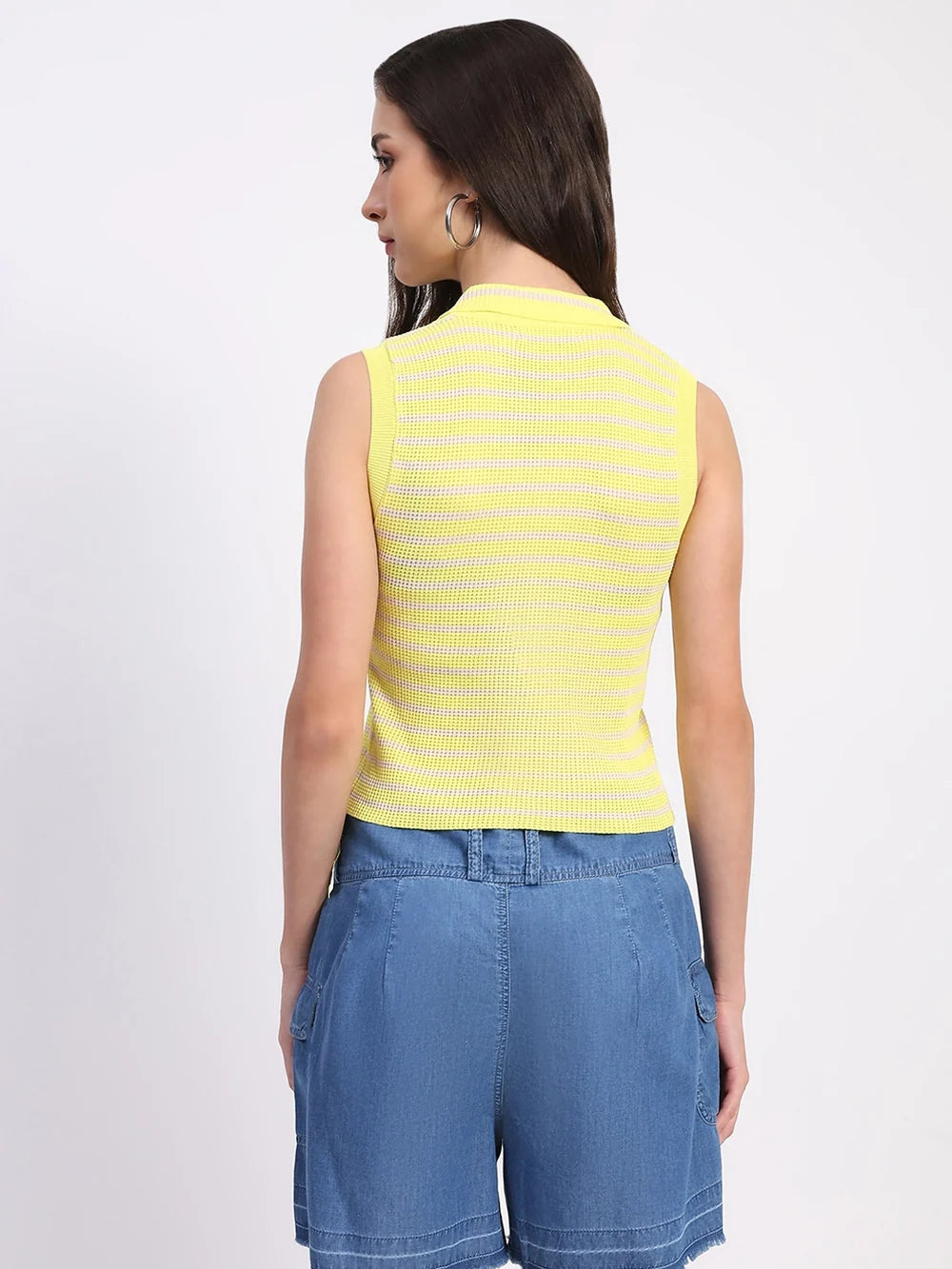 Modern Yellow Viscose Crop Top with Trendy Stripe Detailing