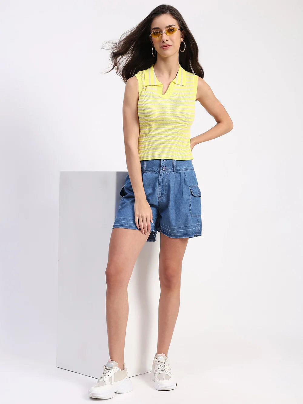 Modern Yellow Viscose Crop Top with Trendy Stripe Detailing