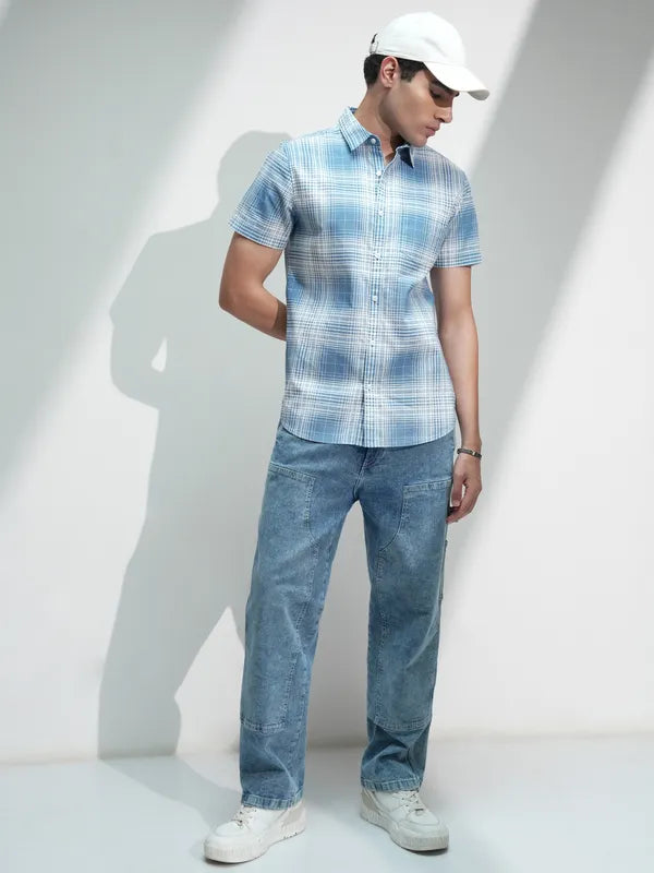 Blue Checked Regular Fit Casual Shirt For Men