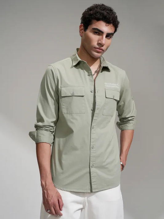 Green Printed Tailored Slim Fit Casual Shirt for Men