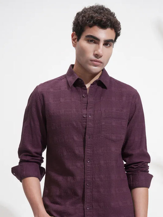 Men Purple Self Design Slim Fit Casual Shirt