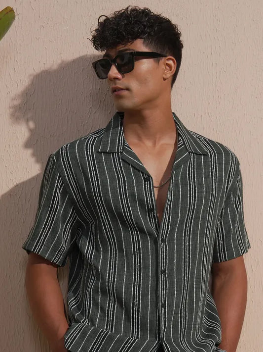 Grey Striped Relaxed Fit Casual Shirt
