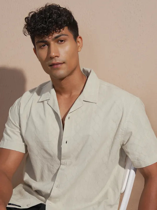 Men Tan Self Design Relaxed Fit Casual Shirt
