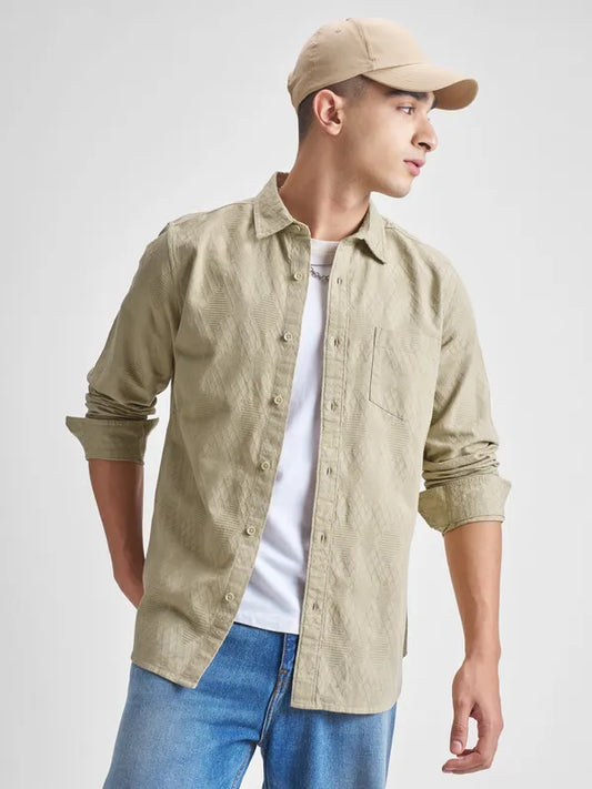 Beige Self Design Slim Fit Casual Shirt For Men